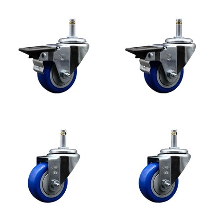Service Caster 3'' Blue Poly Wheel Swivel 7/16'' Grip Ring Stem Caster Set 2 Brakes, 4PK GR20S314-PPUB-BLUE-PLB-716138-2-S-2